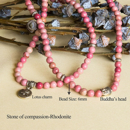 Bivei 108 Mala Beads Necklace Long Beaded Wrap Bracelets Genuine Gemstone Mala Prayer Beads Lotus Buddha Charm Yoga Meditation Necklace