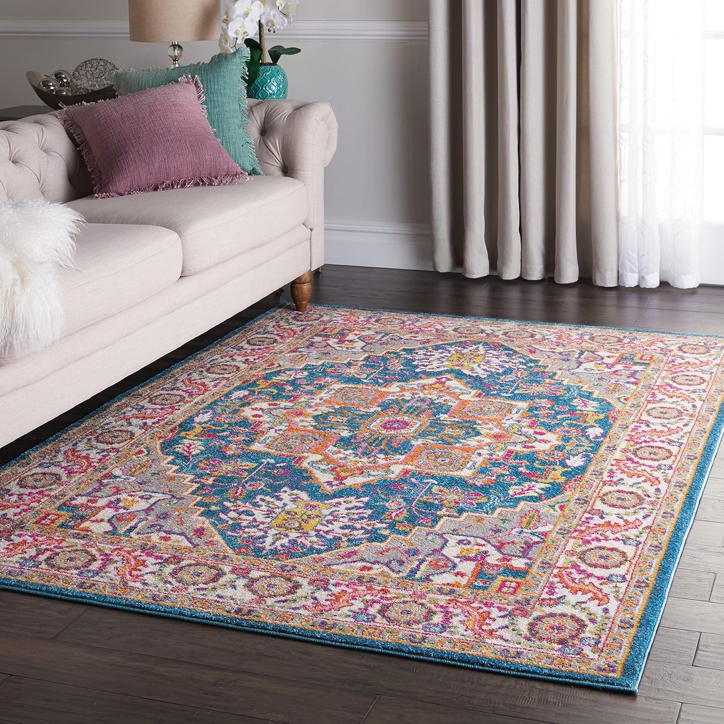 Nourison Home Passion Teal Multicolor 9' x 12' Area Rug - Easy Clean, Non Shedding, Bed Room, Living Room, Dining Room, Kitchen (9' x 12')