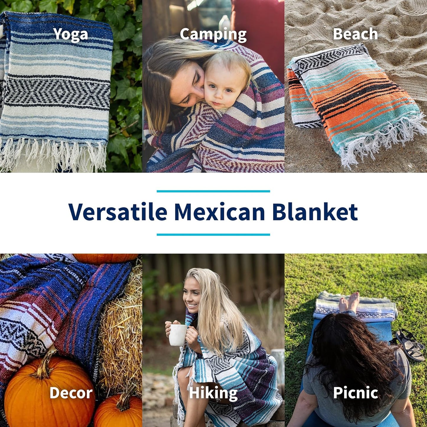 La Montana Authentic Mexican Blanket (10-Pack) - 74in x 50in Woven in Mexico - Falsa Throw for Yoga Studio, Picnic/Camping/Beach, Saddle Blanket, Bed/Home Decor (Assorted Neutrals)
