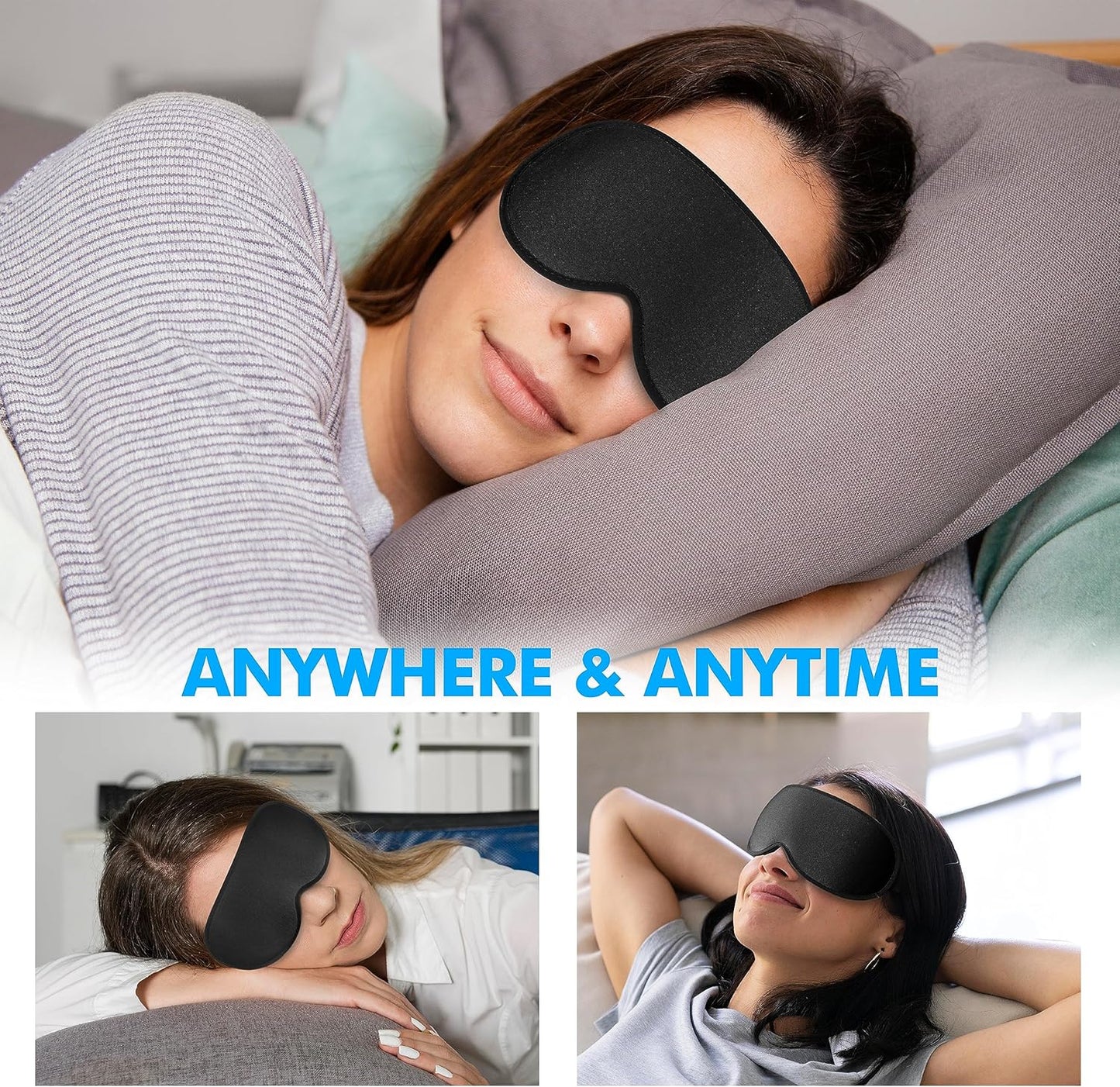 Sleep Eye Mask for Men Women, Sleeping Mask for Side Sleeper, Travel Blackout Night Blindfold Eye Shade Cover with Adjustable Strap (Black)