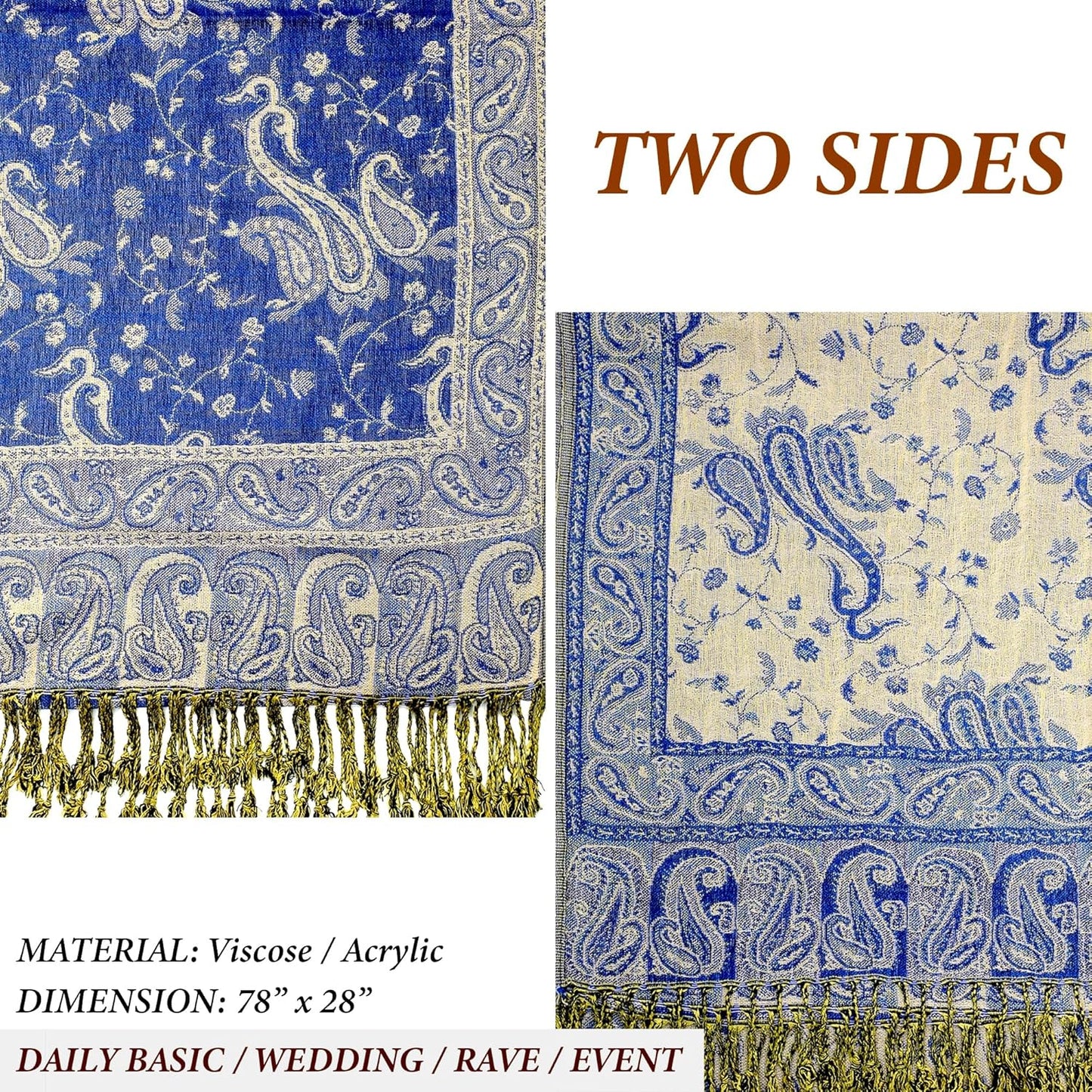 Achillea Reversible Paisley Pashmina Rave Scarf – Exotic Indian Shawls and Wraps for Evening Dresses, Festivals, All Seasons - Colors B
