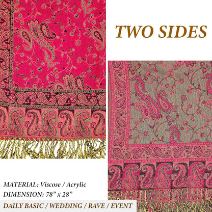 Achillea Reversible Paisley Pashmina Rave Scarf – Exotic Indian Shawls and Wraps for Evening Dresses, Festivals, All Seasons - Colors A