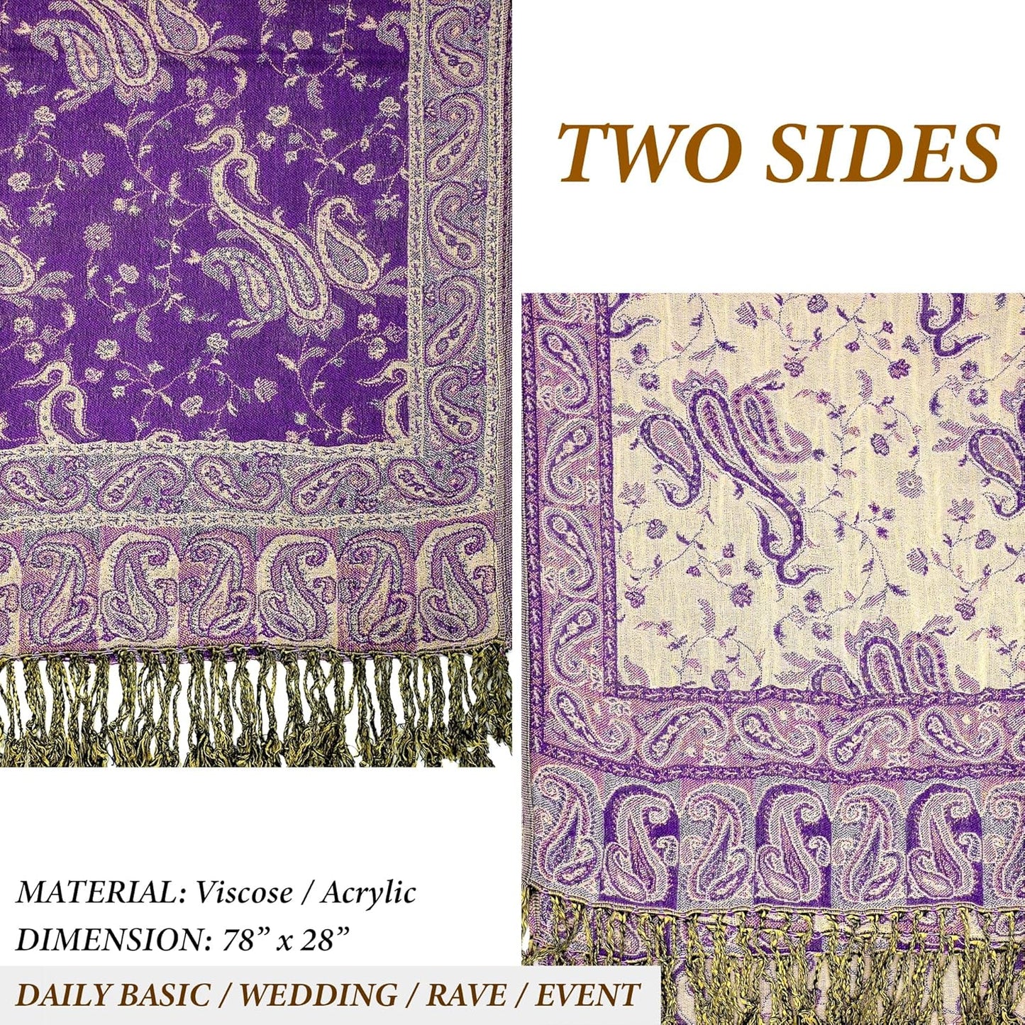 Achillea Reversible Paisley Pashmina Rave Scarf – Exotic Indian Shawls and Wraps for Evening Dresses, Festivals, All Seasons - Colors B