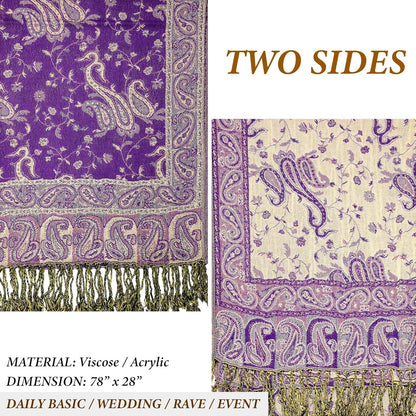 Achillea Reversible Paisley Pashmina Rave Scarf – Exotic Indian Shawls and Wraps for Evening Dresses, Festivals, All Seasons - Colors B