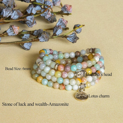 Bivei 108 Mala Beads Necklace Long Beaded Wrap Bracelets Genuine Gemstone Mala Prayer Beads Lotus Buddha Charm Yoga Meditation Necklace
