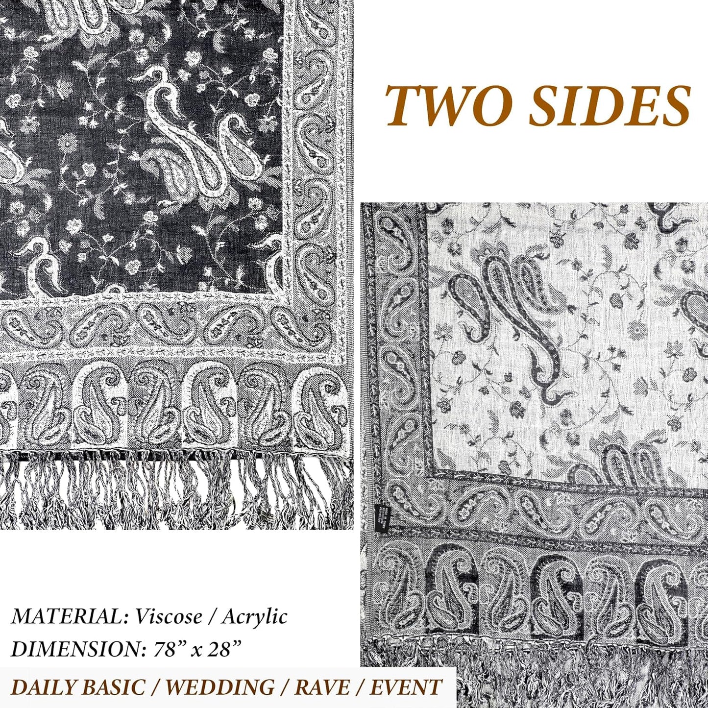 Achillea Reversible Paisley Pashmina Rave Scarf – Exotic Indian Shawls and Wraps for Evening Dresses, Festivals, All Seasons - Colors B