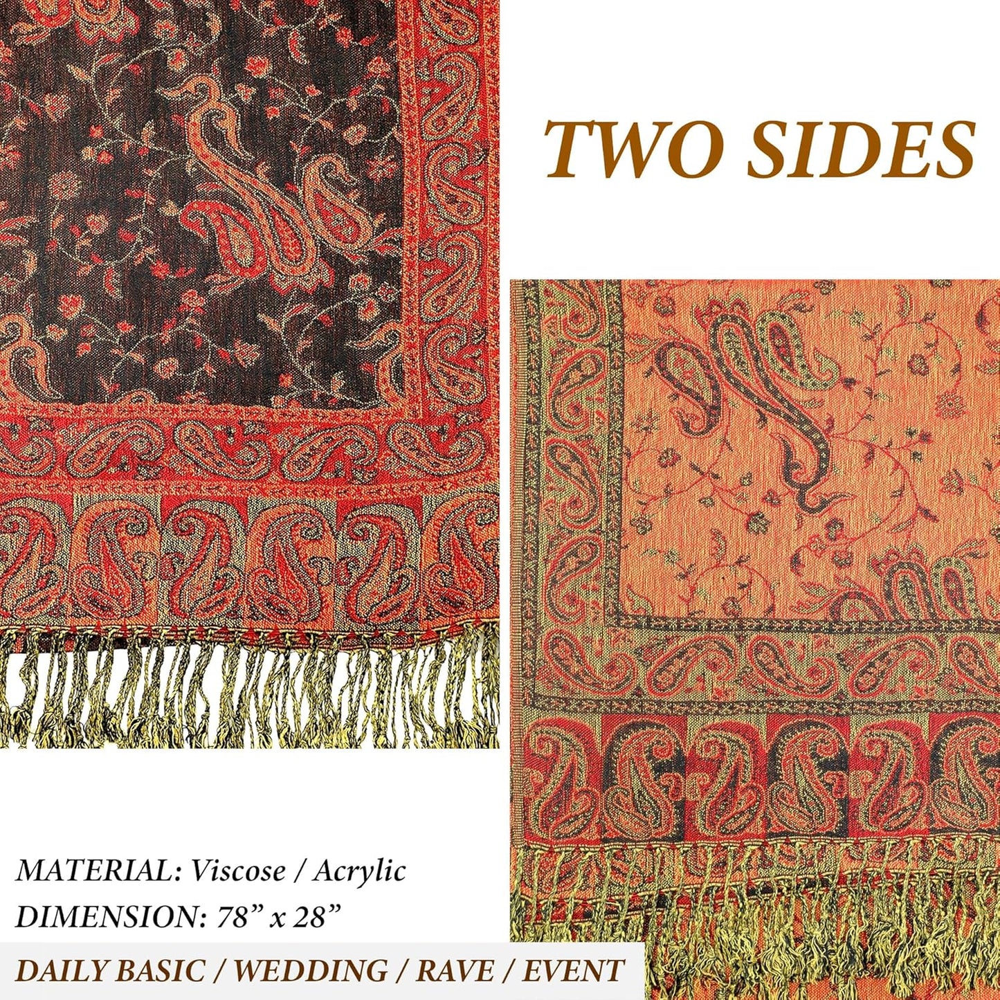 Achillea Reversible Paisley Pashmina Rave Scarf – Exotic Indian Shawls and Wraps for Evening Dresses, Festivals, All Seasons - Colors A