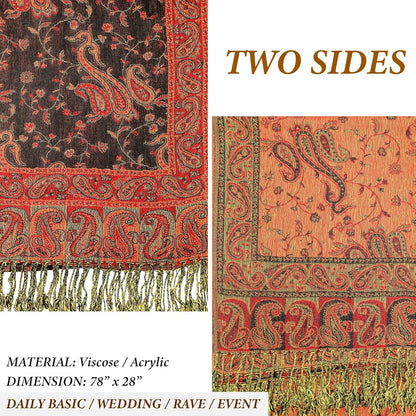 Achillea Reversible Paisley Pashmina Rave Scarf – Exotic Indian Shawls and Wraps for Evening Dresses, Festivals, All Seasons - Colors A