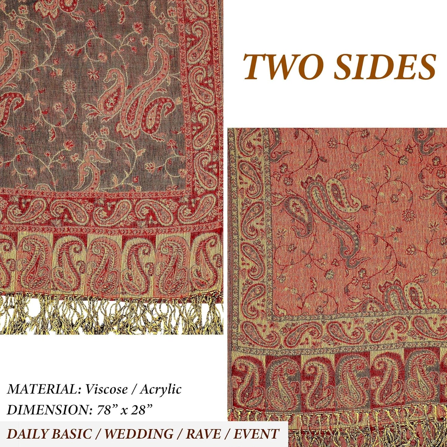 Achillea Reversible Paisley Pashmina Rave Scarf – Exotic Indian Shawls and Wraps for Evening Dresses, Festivals, All Seasons - Colors B
