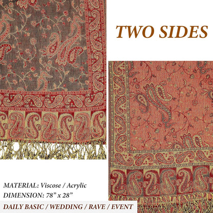 Achillea Reversible Paisley Pashmina Rave Scarf – Exotic Indian Shawls and Wraps for Evening Dresses, Festivals, All Seasons - Colors B