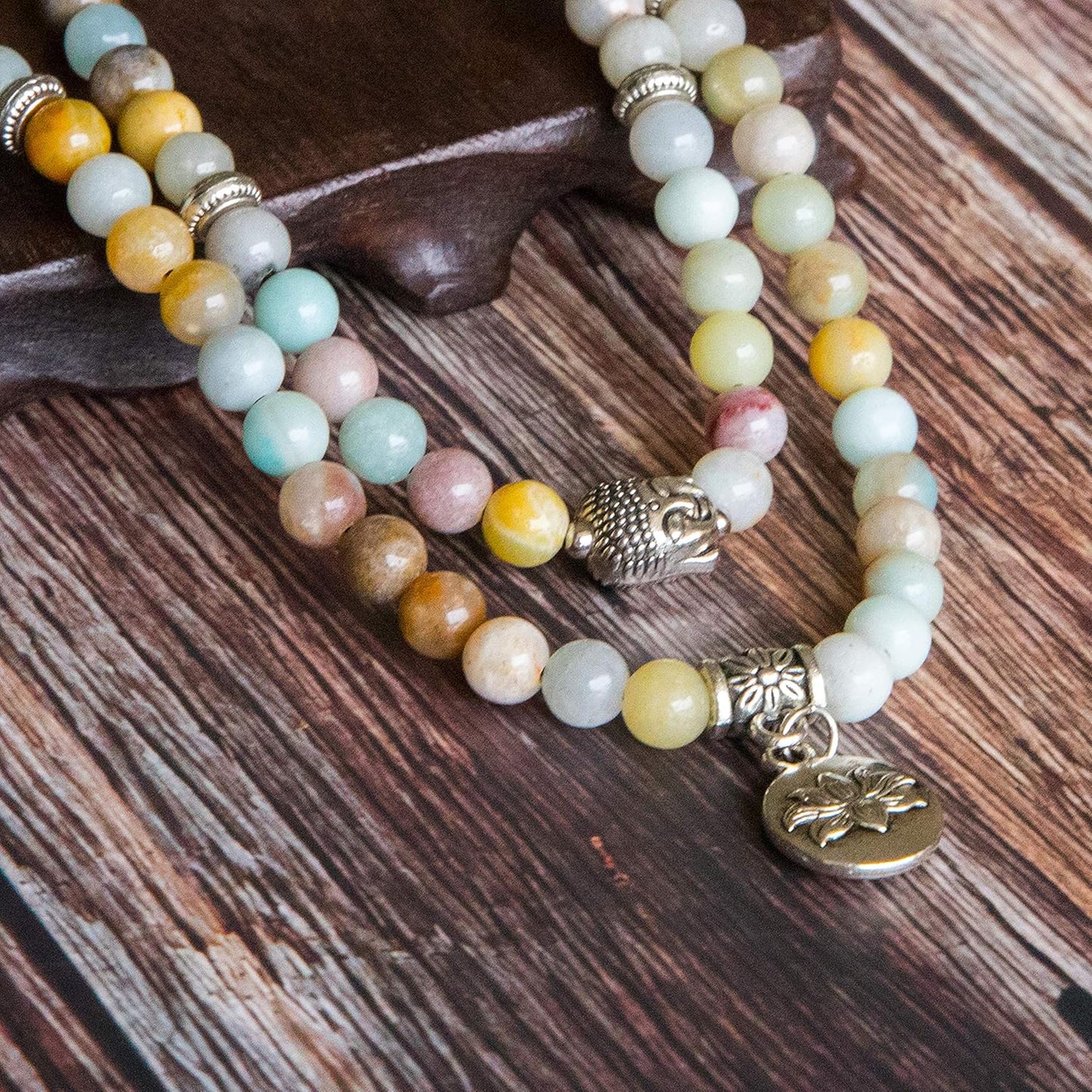 Bivei 108 Mala Beads Necklace Long Beaded Wrap Bracelets Genuine Gemstone Mala Prayer Beads Lotus Buddha Charm Yoga Meditation Necklace
