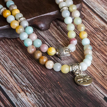Bivei 108 Mala Beads Necklace Long Beaded Wrap Bracelets Genuine Gemstone Mala Prayer Beads Lotus Buddha Charm Yoga Meditation Necklace