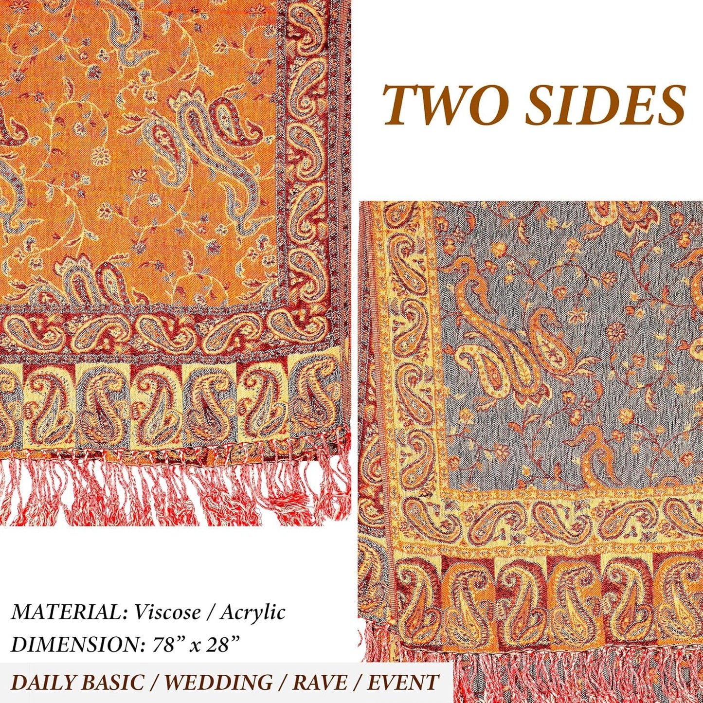 Achillea Reversible Paisley Pashmina Rave Scarf – Exotic Indian Shawls and Wraps for Evening Dresses, Festivals, All Seasons - Colors A