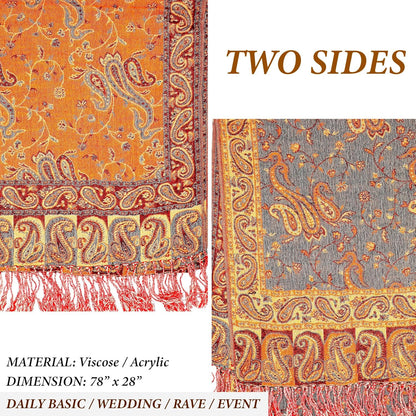 Achillea Reversible Paisley Pashmina Rave Scarf – Exotic Indian Shawls and Wraps for Evening Dresses, Festivals, All Seasons - Colors A