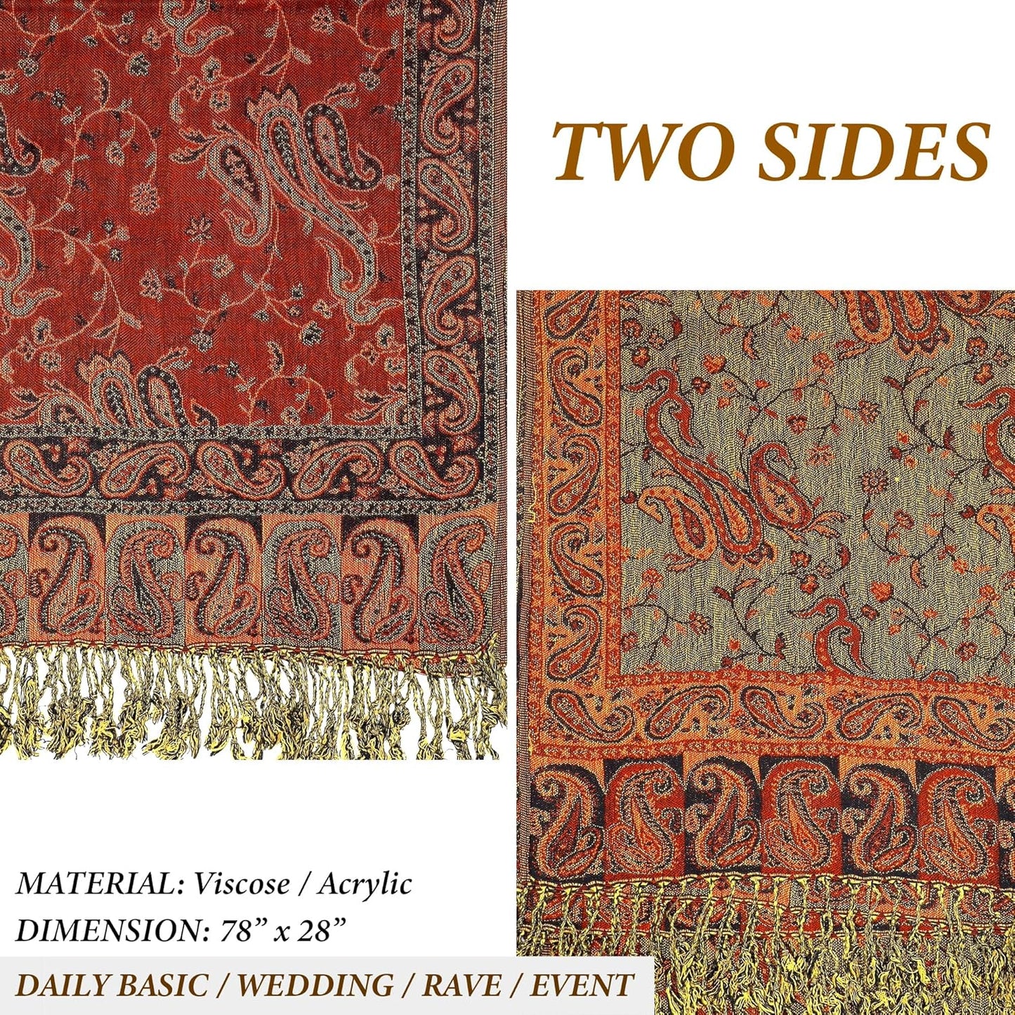 Achillea Reversible Paisley Pashmina Rave Scarf – Exotic Indian Shawls and Wraps for Evening Dresses, Festivals, All Seasons - Colors A