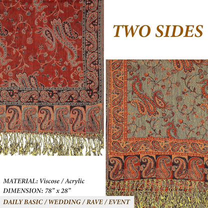 Achillea Reversible Paisley Pashmina Rave Scarf – Exotic Indian Shawls and Wraps for Evening Dresses, Festivals, All Seasons - Colors A