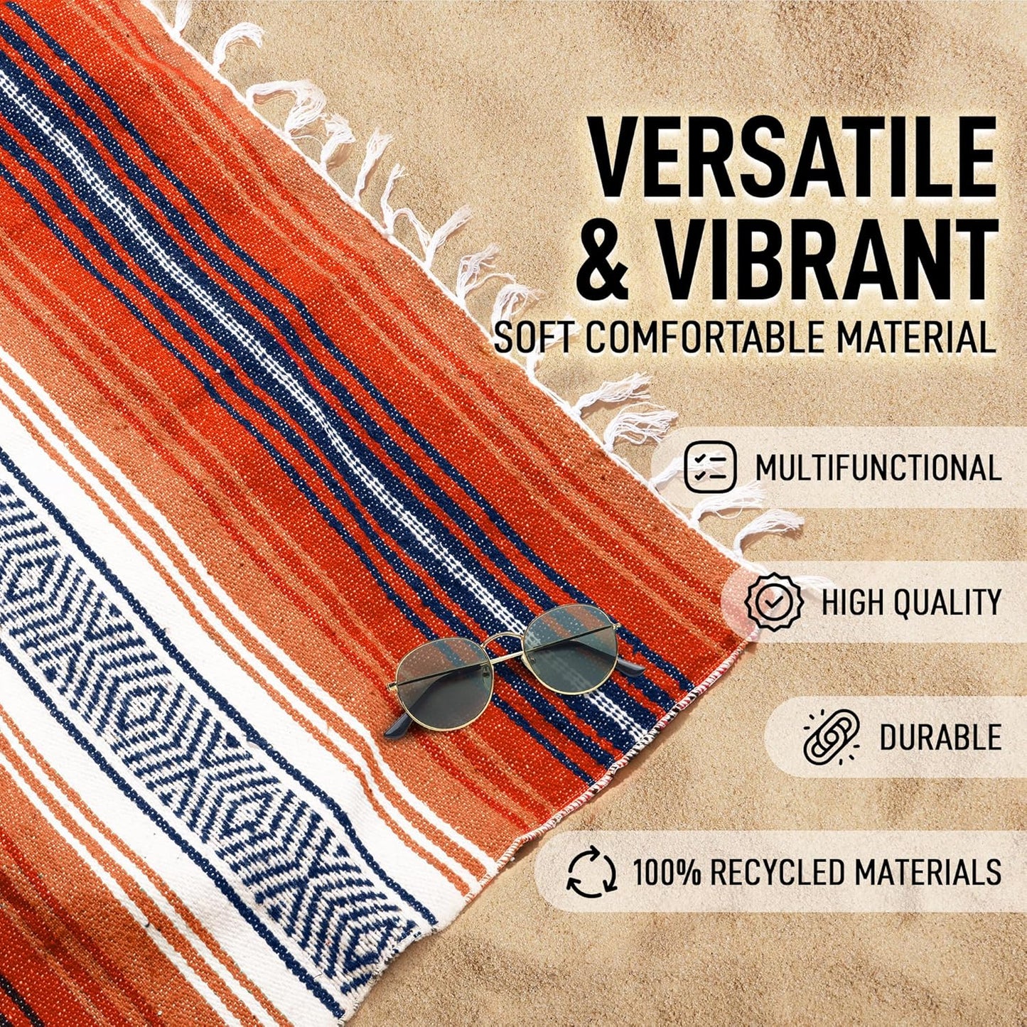 Hydration Nation Authentic Large Handwoven Mexican Blanket - Soft Yoga - Durable Serape - Lightweight Falsa, Beach, Camping, Picnic, Outdoor 70"x50" - Mandarin