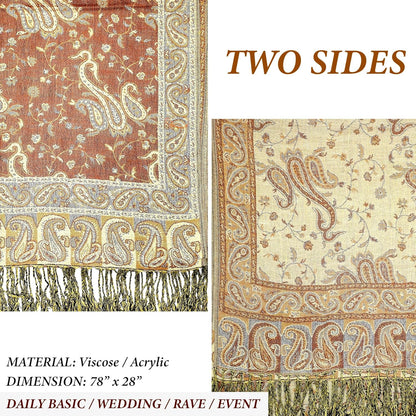 Achillea Reversible Paisley Pashmina Rave Scarf – Exotic Indian Shawls and Wraps for Evening Dresses, Festivals, All Seasons - Colors B