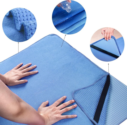 POLYTE Microfiber Hot Yoga Towel Mat with Non-Slip Silicone Grip and Secure Fit Elastic Straps, 24 x 72 in (Gray)