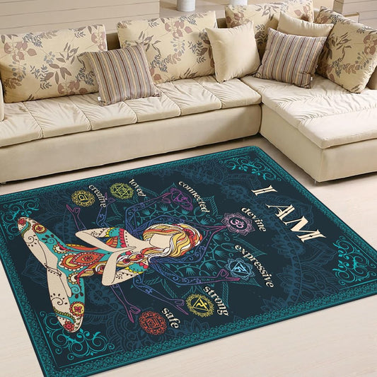 Chakra Area Rug, Meditation & Yoga Carpet for Living Room, Bedroom Mandalas Boho Style Non-Slip Machine Washable Rugs for Women Adults Yoga Lovers Bohemian Floor Mat Office Decor (YOGA-DS01)