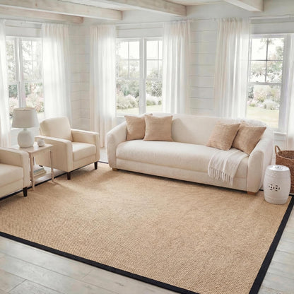 Area Rug 11x15 - Natural Fiber Collection - Large - Maize & Linen Color, Sisal, Woven Design with Border (NF141B) - Colors B