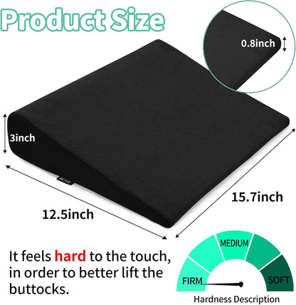 Hip Lift Wedge Pad for Butt Training & Posture Correction, Firm EVA Yoga Block Alternative, Non-Slip Floor/Chair Exercise Mat, 15.7"x12.5"x3", Black