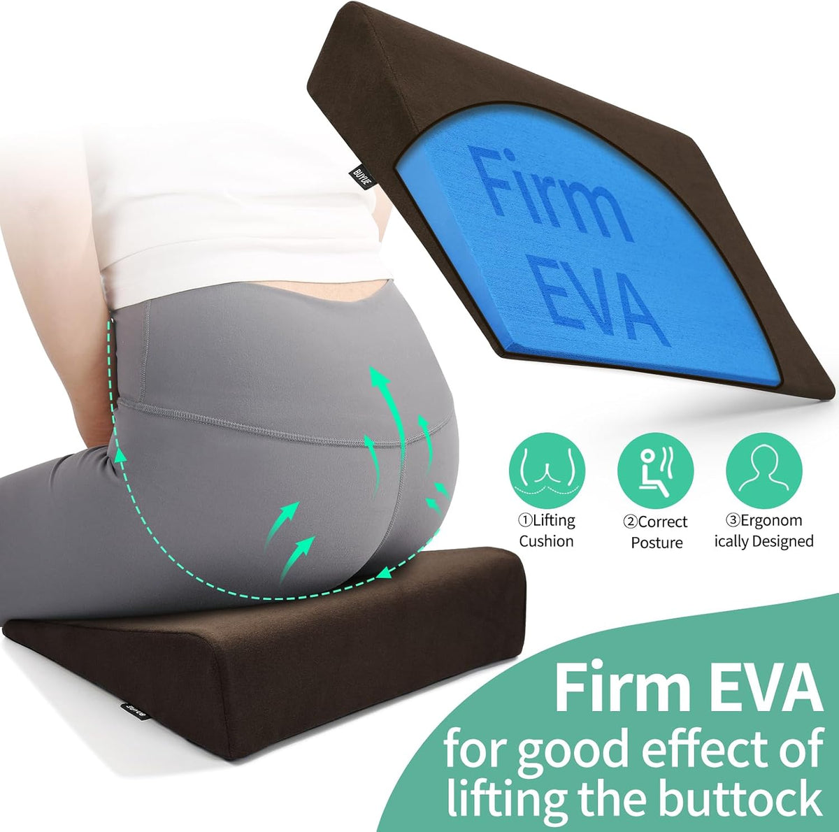 Hip Lift Wedge Pad for Butt Training & Posture Correction, Firm EVA Yoga Block Alternative, Non-Slip Floor/Chair Exercise Mat, 15.7"x12.5"x3", Black