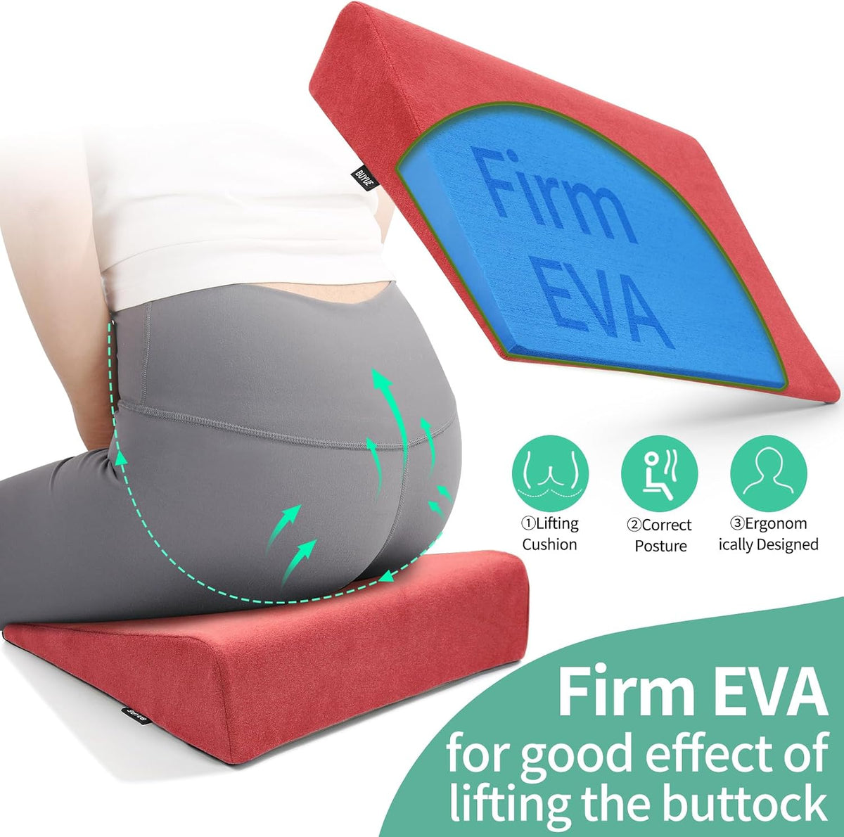 Hip Lift Wedge Pad for Butt Training & Posture Correction, Firm EVA Yoga Block Alternative, Non-Slip Floor/Chair Exercise Mat, 15.7"x12.5"x3", Black