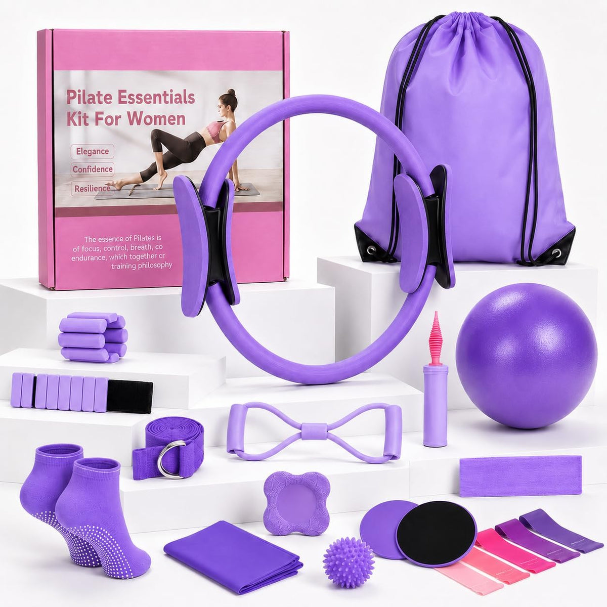Pilates Equipment Set for Home Workouts –15in1 Home Pilates Kit with Ring and Ball Set, Resistance Bands, Pilates Yoga,Core Sliders & Ankle Weights, Pilates Essentials Kit