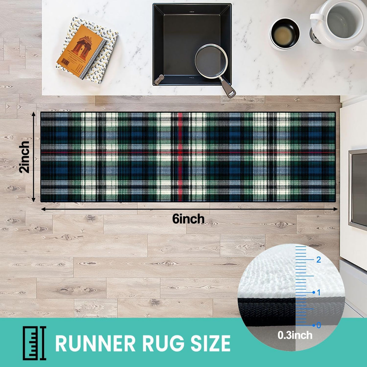 Runner Rug Washable 2x6 White Navy Blue Green Tartan Plaid Scottish Texture from Tartan Plaid Non-Slip Hallway Area Rug Indoor Outdoor Home Decor for Entryway Bathroom Kitchen Carpet Yoga Floor Mat