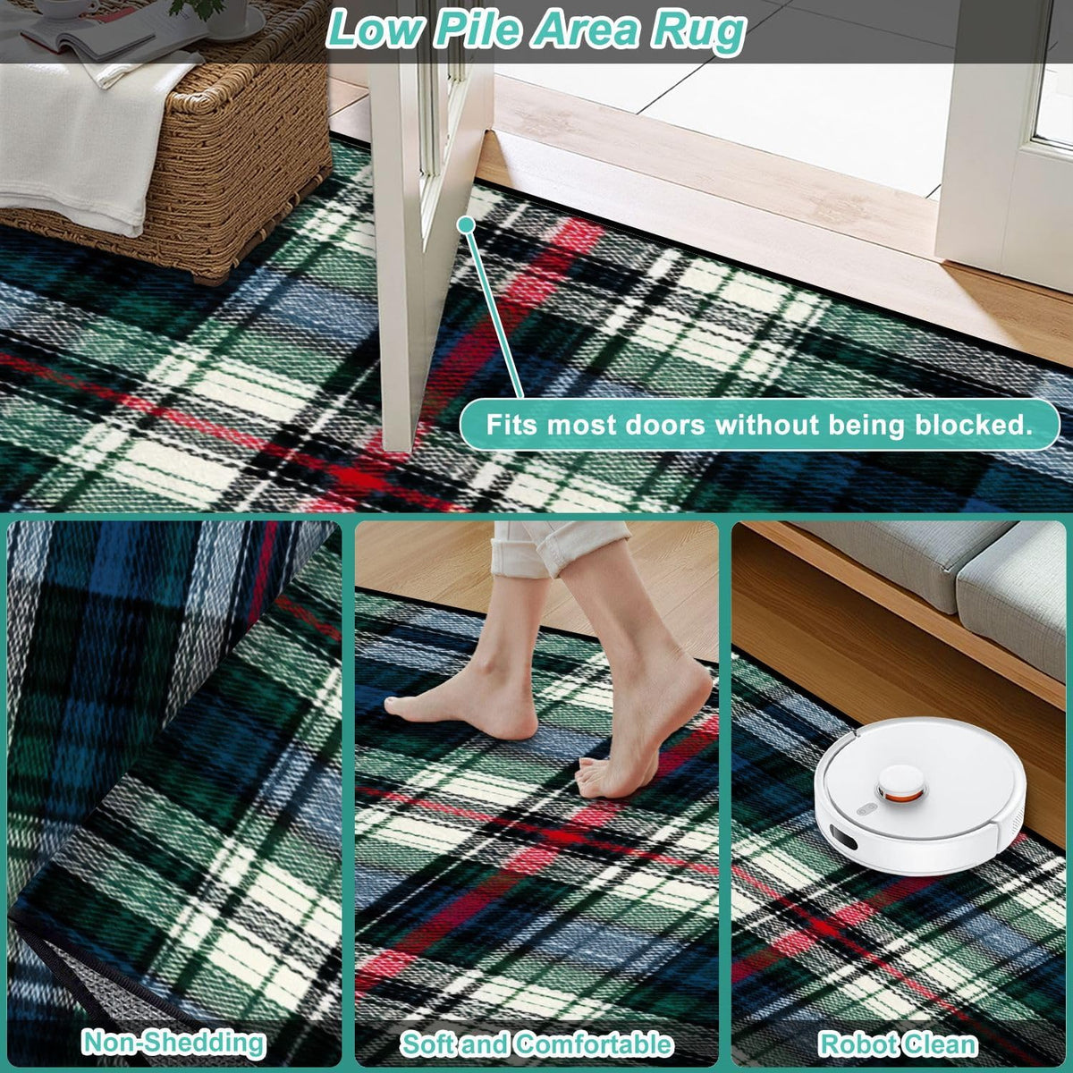 Runner Rug Washable 2x6 White Navy Blue Green Tartan Plaid Scottish Texture from Tartan Plaid Non-Slip Hallway Area Rug Indoor Outdoor Home Decor for Entryway Bathroom Kitchen Carpet Yoga Floor Mat