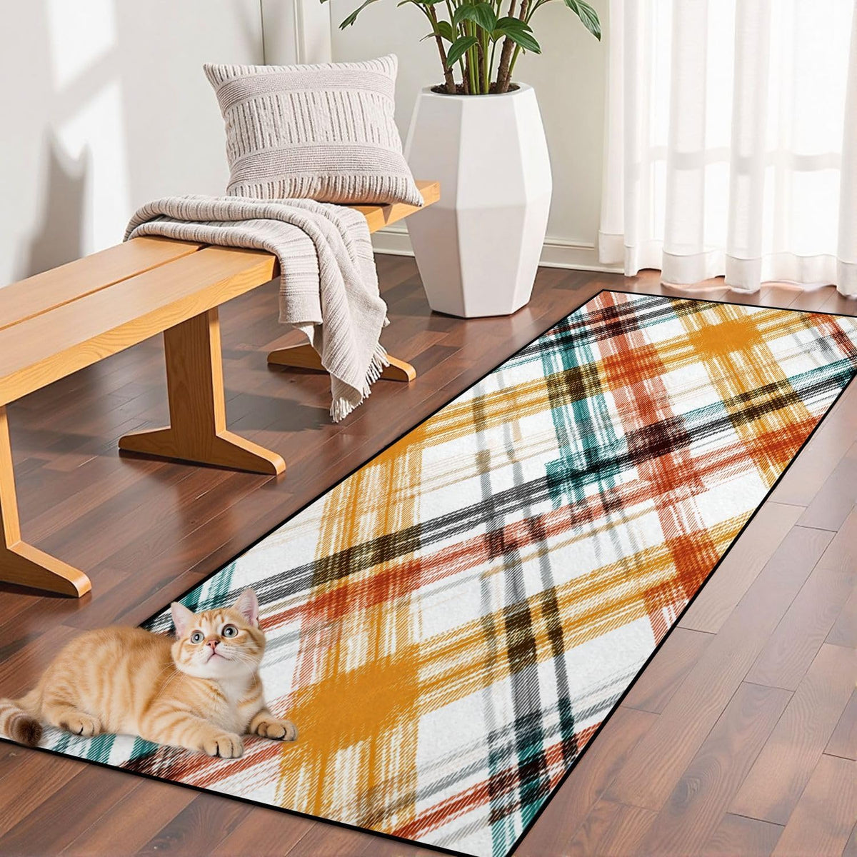 Runner Rug Washable 2x6 White Navy Blue Green Tartan Plaid Scottish Texture from Tartan Plaid Non-Slip Hallway Area Rug Indoor Outdoor Home Decor for Entryway Bathroom Kitchen Carpet Yoga Floor Mat