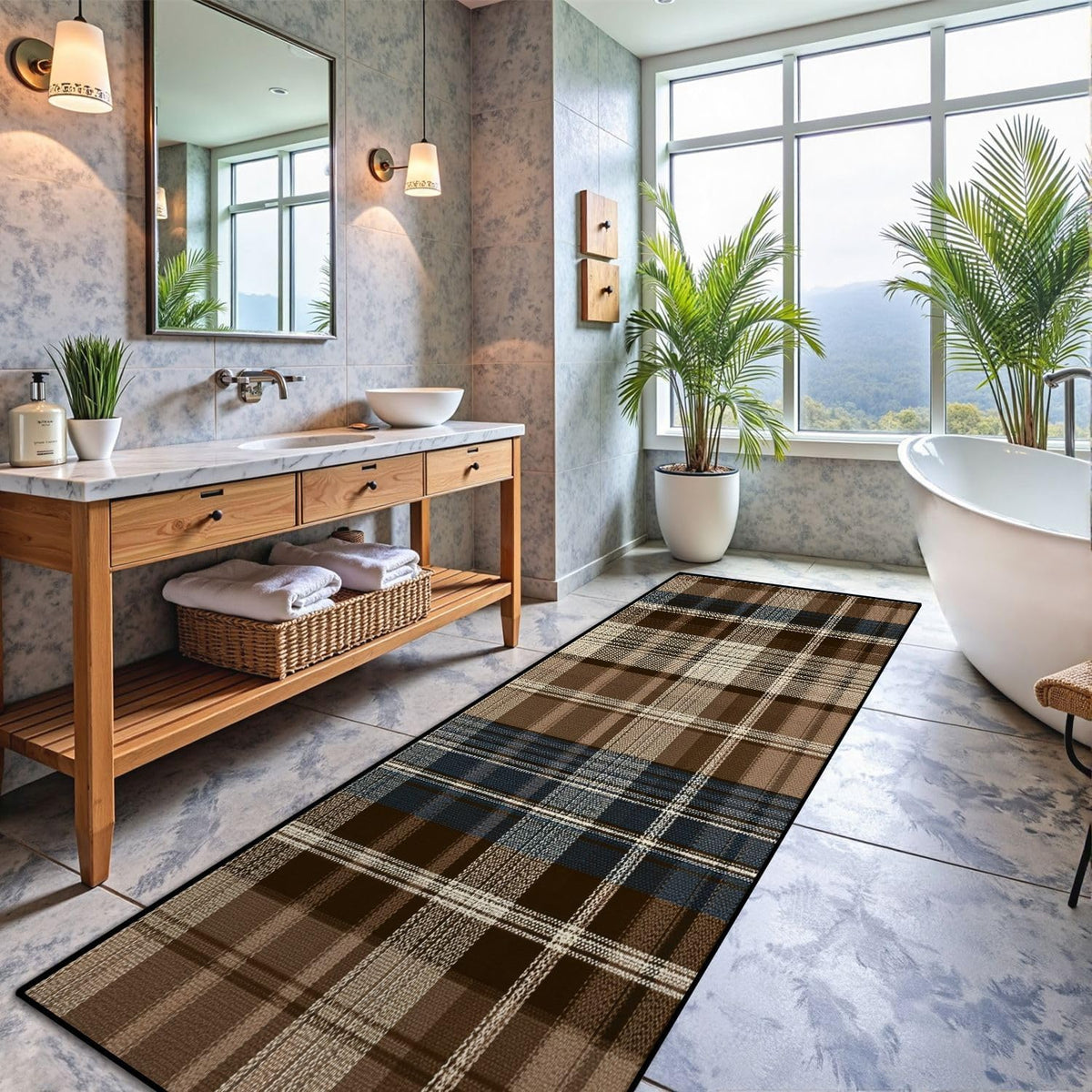 Runner Rug Washable 2x6 White Navy Blue Green Tartan Plaid Scottish Texture from Tartan Plaid Non-Slip Hallway Area Rug Indoor Outdoor Home Decor for Entryway Bathroom Kitchen Carpet Yoga Floor Mat