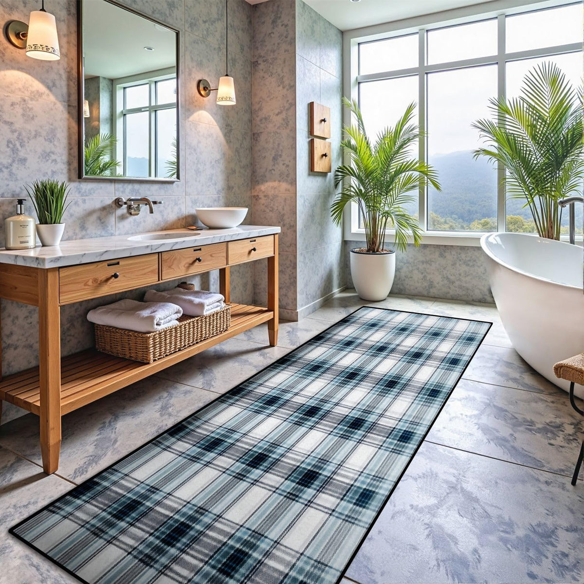 Runner Rug Washable 2x6 White Navy Blue Green Tartan Plaid Scottish Texture from Tartan Plaid Non-Slip Hallway Area Rug Indoor Outdoor Home Decor for Entryway Bathroom Kitchen Carpet Yoga Floor Mat