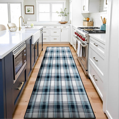 Runner Rug Washable 2x6 White Navy Blue Green Tartan Plaid Scottish Texture from Tartan Plaid Non-Slip Hallway Area Rug Indoor Outdoor Home Decor for Entryway Bathroom Kitchen Carpet Yoga Floor Mat