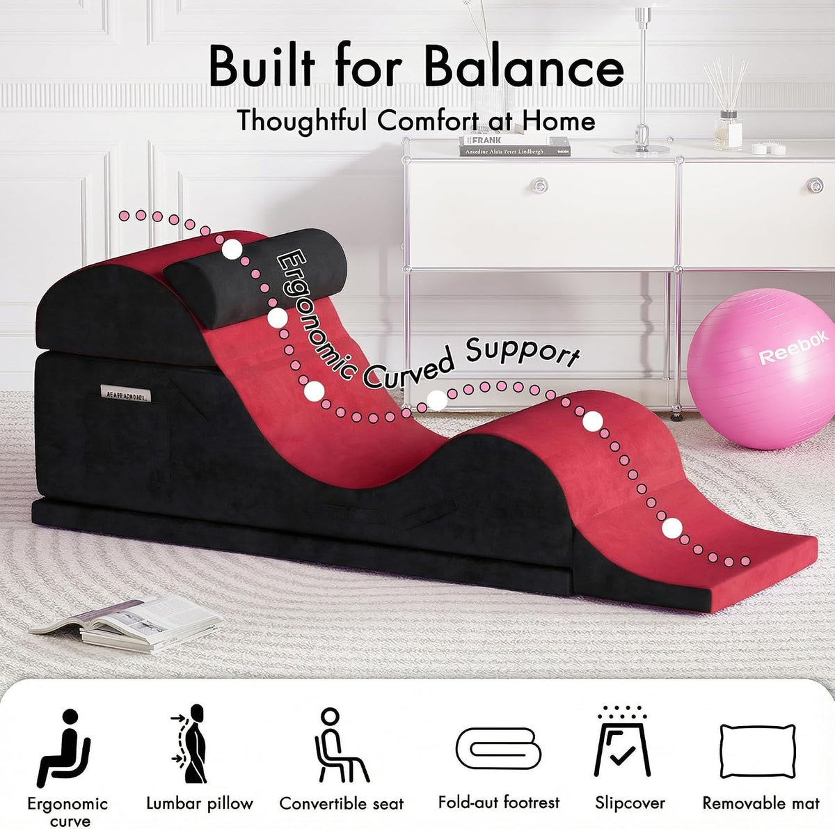 Convertible Yoga Chair for Adults, Ergonomic Foam Lounge with Lumbar Pillow