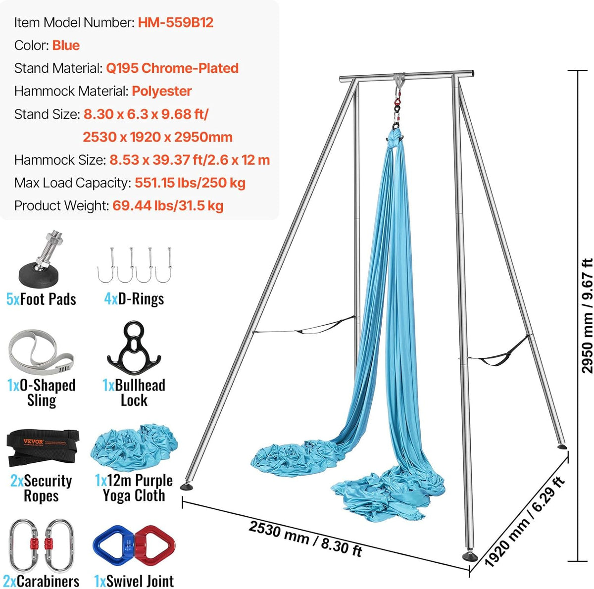 Aerial Yoga Frame & Hammock, 551.15 lbs Load Capacity, 9.68 ft Height Professional Training Swing Stand Comes with 13.1 Yards Aerial Hammock, Yoga Rig for Indoor Outdoor, Purple,Blue