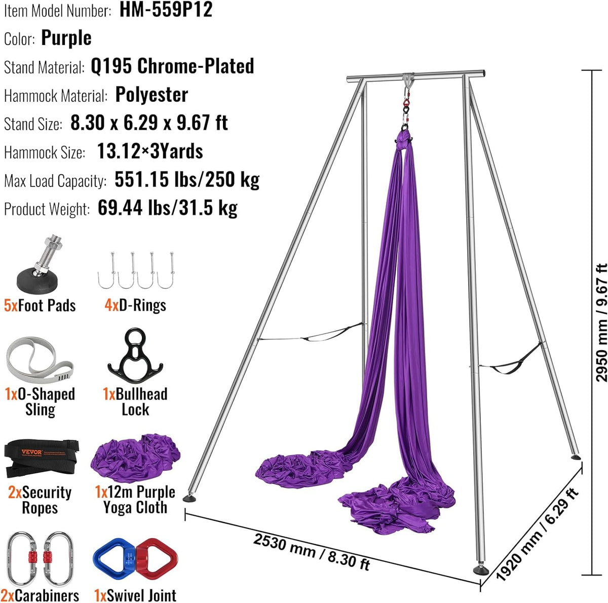 Aerial Yoga Frame & Hammock, 551.15 lbs Load Capacity, 9.68 ft Height Professional Training Swing Stand Comes with 13.1 Yards Aerial Hammock, Yoga Rig for Indoor Outdoor, Purple,Blue