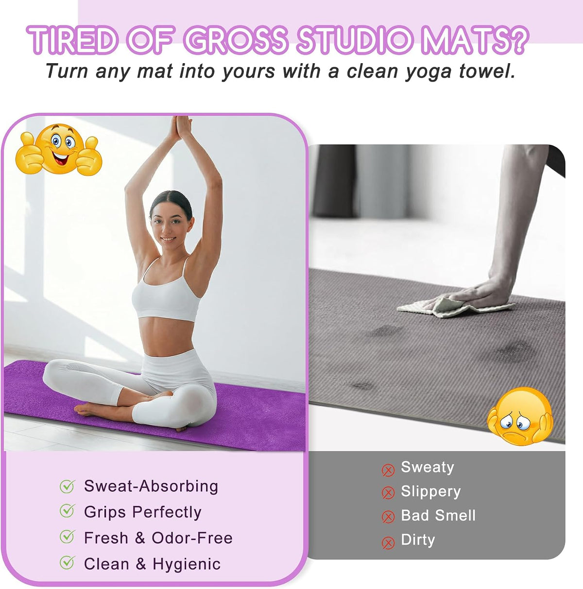 Yoga Mat Towel, Extra Thick (600GSM) Soft Hot Yoga Towel, Non-Slip and Sweat Absorbent for Hot Yoga, Bikram, Pilates, and Fitness, 72" x 27.5", Dual-Color, Grey/Pink