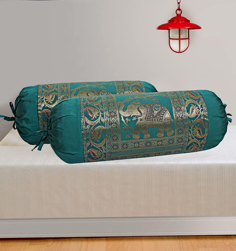 Ethnic Jacquard Brocade Silk Bolster Tube Pillow Covers Elephant Dark Green Yoga Massand Living Room Decorative Cylindrical Hotdog Traditional Throw Pillowcase 76x38 cm - Set of 2 Pcs