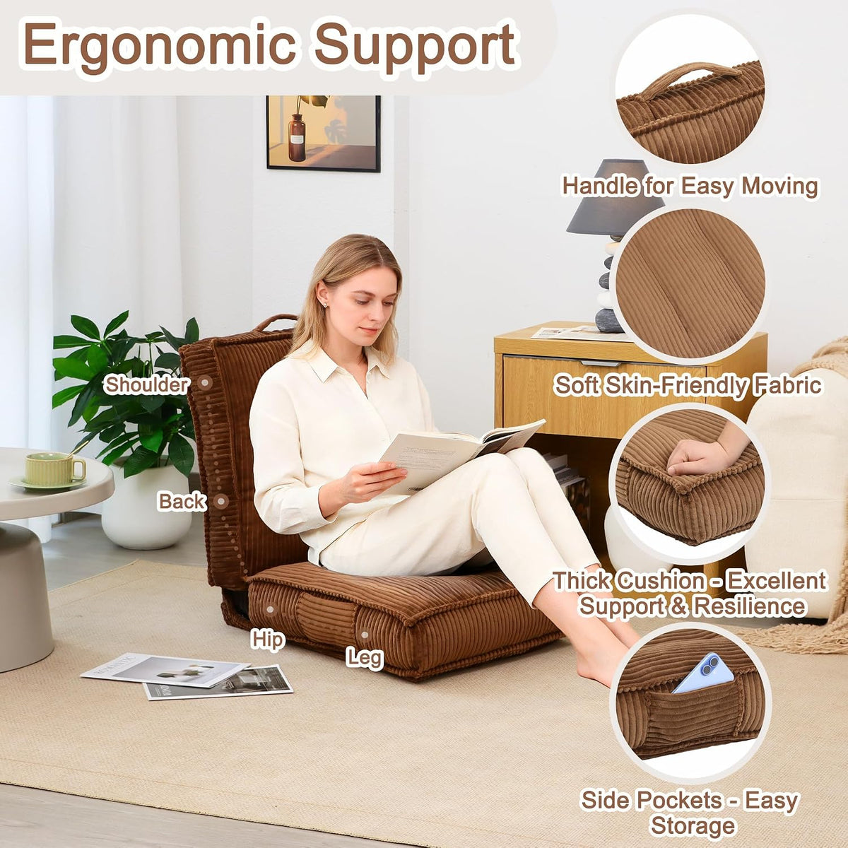 Adjustable Floor Chair with Back Support, 6-Position, Folding Japanese Meditation Tatami Chair, Comfy Gaming Chairs for Adults, Accent Sofa Reading Chairs, Living Room, Bedroom, Coffee