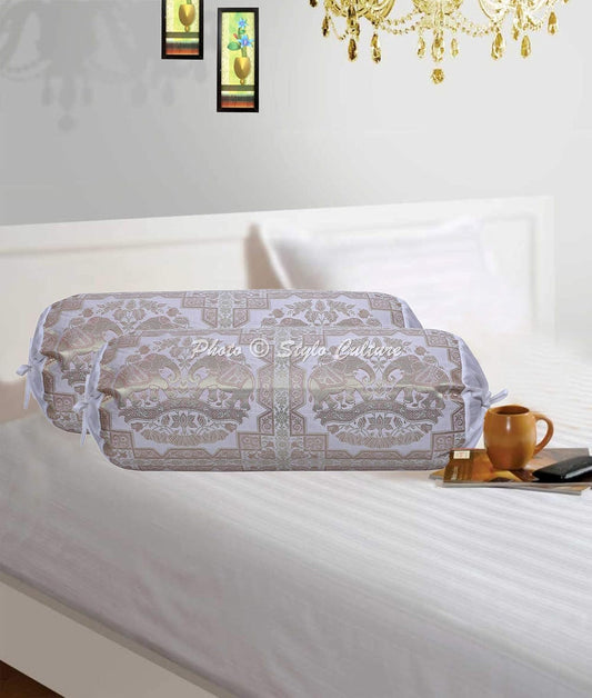 Ethnic Decorative Brocade Bolster Pillow Covers White Gold Elephant Jacquard Weave Round Tube Pillow Traditional Floral Cylindrical Cushion Covers - (76x38 cm) | Set of 2 Pcs