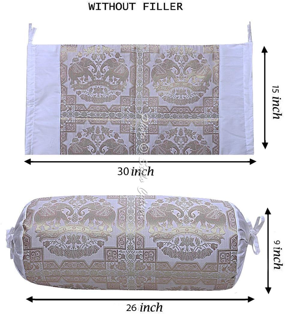 Ethnic Decorative Brocade Bolster Pillow Covers White Gold Elephant Jacquard Weave Round Tube Pillow Traditional Floral Cylindrical Cushion Covers - (76x38 cm) | Set of 2 Pcs