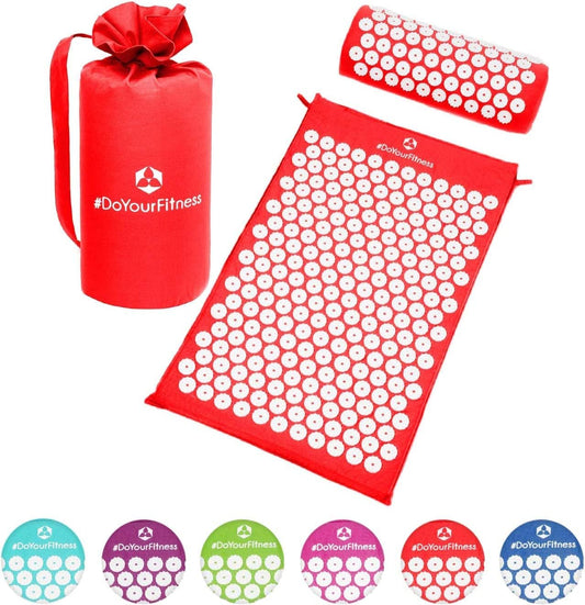 # Acupressure Mat and Pillow Set - Relieves Stress, Back, Neck, and Sciatic Pain - Comes with a Vinyl Carry Bag for Storage and Travel - Red