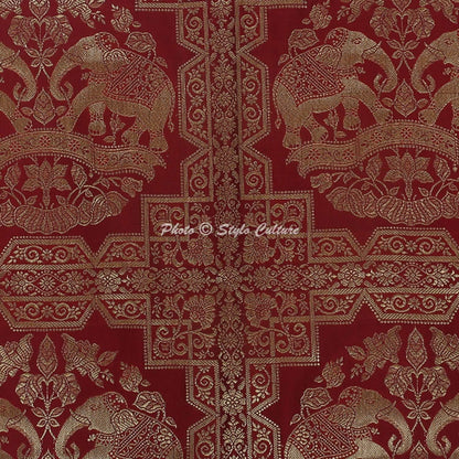 Brocade Silk Jacquard Cylindrical Decorative Bolster Pillow Cover for Bedroom Burgundy Gold Elephant Polydupion Indian Neck Roll Home Decor Banarsi Bolster Case | (1 Pc) | (76x38 cm)