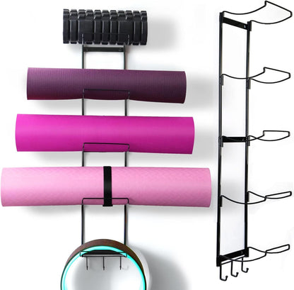 5-Tiers Yoga Mat Holder Wall Mount, Metal Storage Rack for Mats/Wheels, Foam Roller and Block, Wall Rack with 3-Hooks for Hanging Stretching Strap, Resistance Bands, Yoga Accessories
