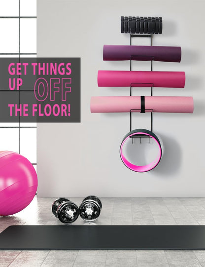 5-Tiers Yoga Mat Holder Wall Mount, Metal Storage Rack for Mats/Wheels, Foam Roller and Block, Wall Rack with 3-Hooks for Hanging Stretching Strap, Resistance Bands, Yoga Accessories