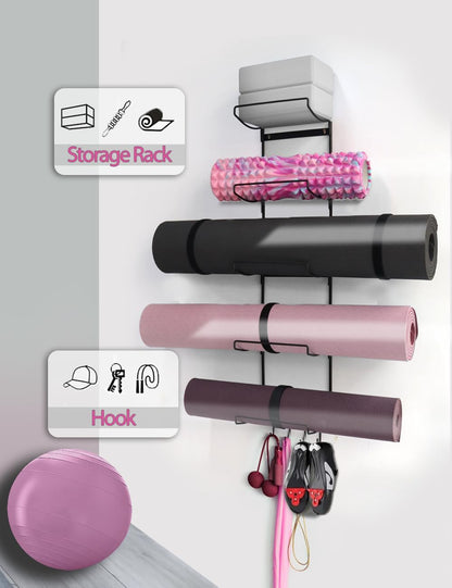 5-Tiers Yoga Mat Holder Wall Mount, Metal Storage Rack for Mats/Wheels, Foam Roller and Block, Wall Rack with 3-Hooks for Hanging Stretching Strap, Resistance Bands, Yoga Accessories