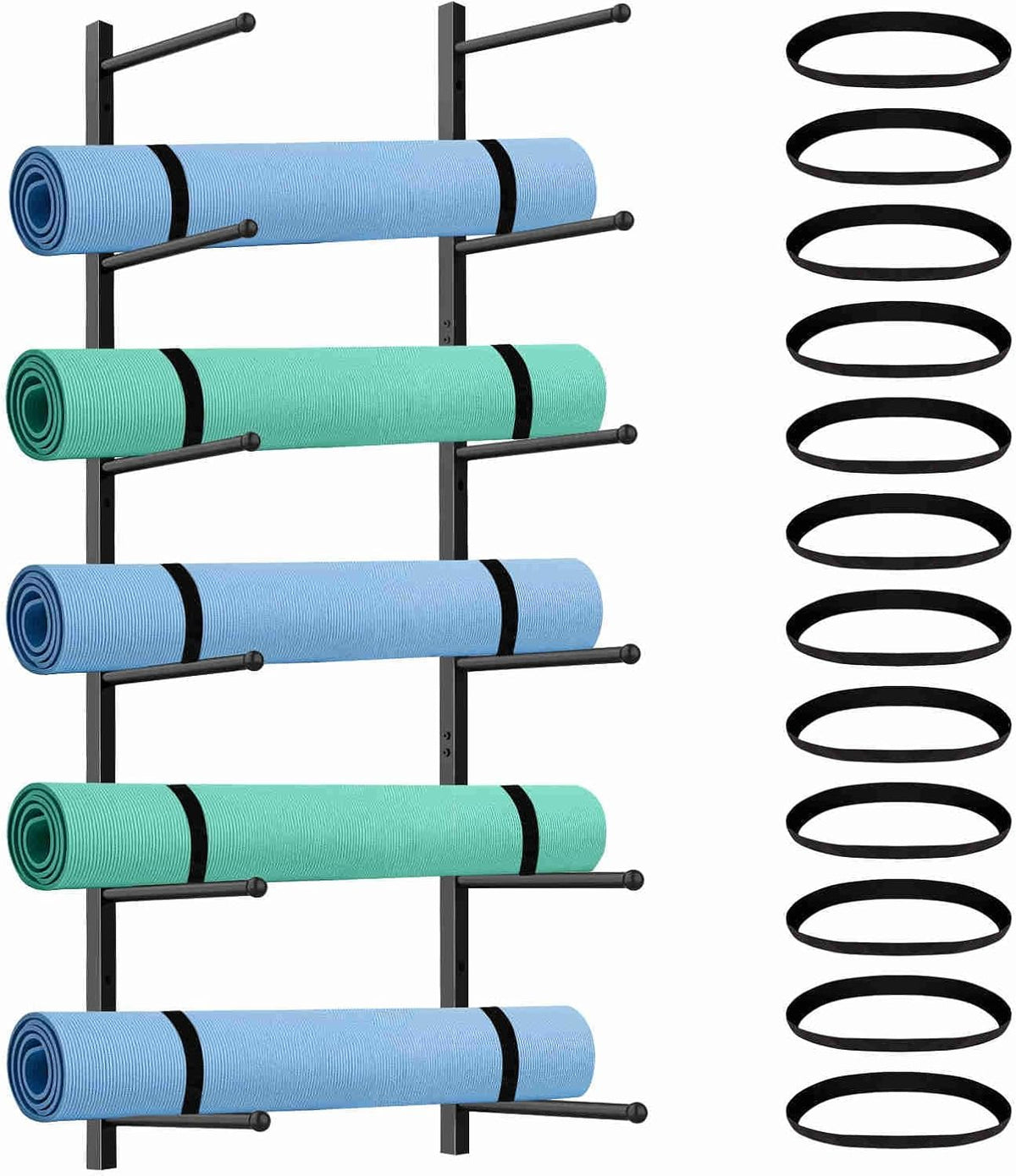 Yoga Mat Holder Wall Mount with 12 Straps, 6 Tier Metal Yoga Mat Storage Rack Home Gym Exercise Workout Equipment Organizer for Foam Roller Resistance Bands
