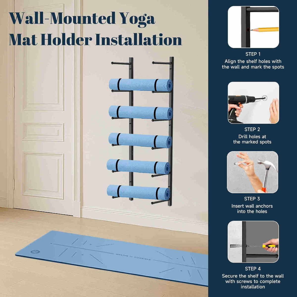 Yoga Mat Holder Wall Mount with 12 Straps, 6 Tier Metal Yoga Mat Storage Rack Home Gym Exercise Workout Equipment Organizer for Foam Roller Resistance Bands